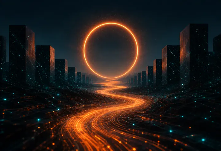 Luminous orange path leading through a digital city