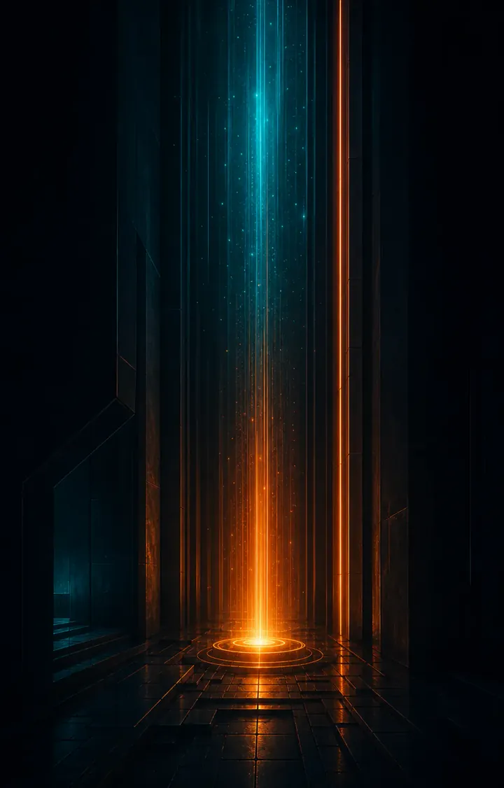 Turquoise and orange signals moving through a dark modular architecture